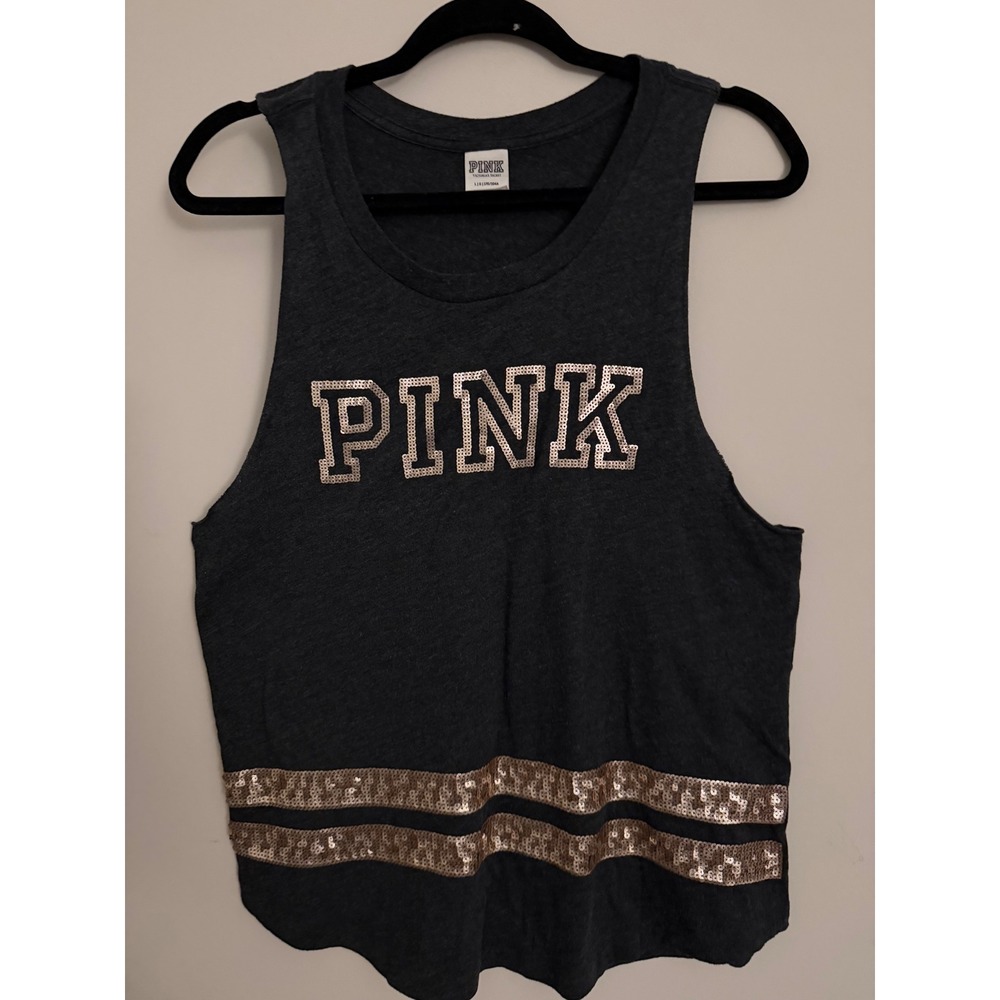 Victoria's Secret PINK Gray Rose Gold Sequin Logo Tank Top Large Y2K
